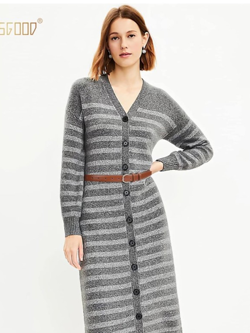 Loft Navy Grey Silver Striped Midi Cardigan Dress Size XL NWT
